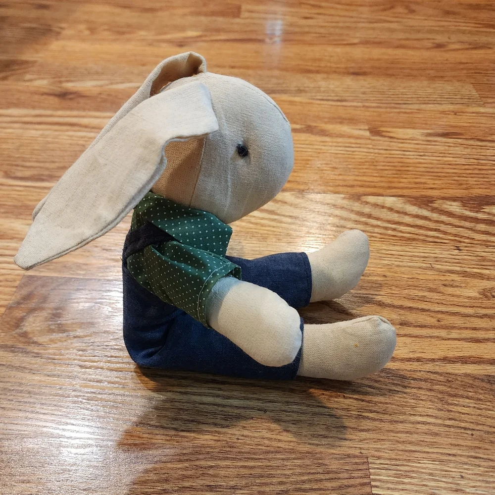Rustic Primative Boy Bunny in Overalls and a Green Polka-dot Shirt approx. 13